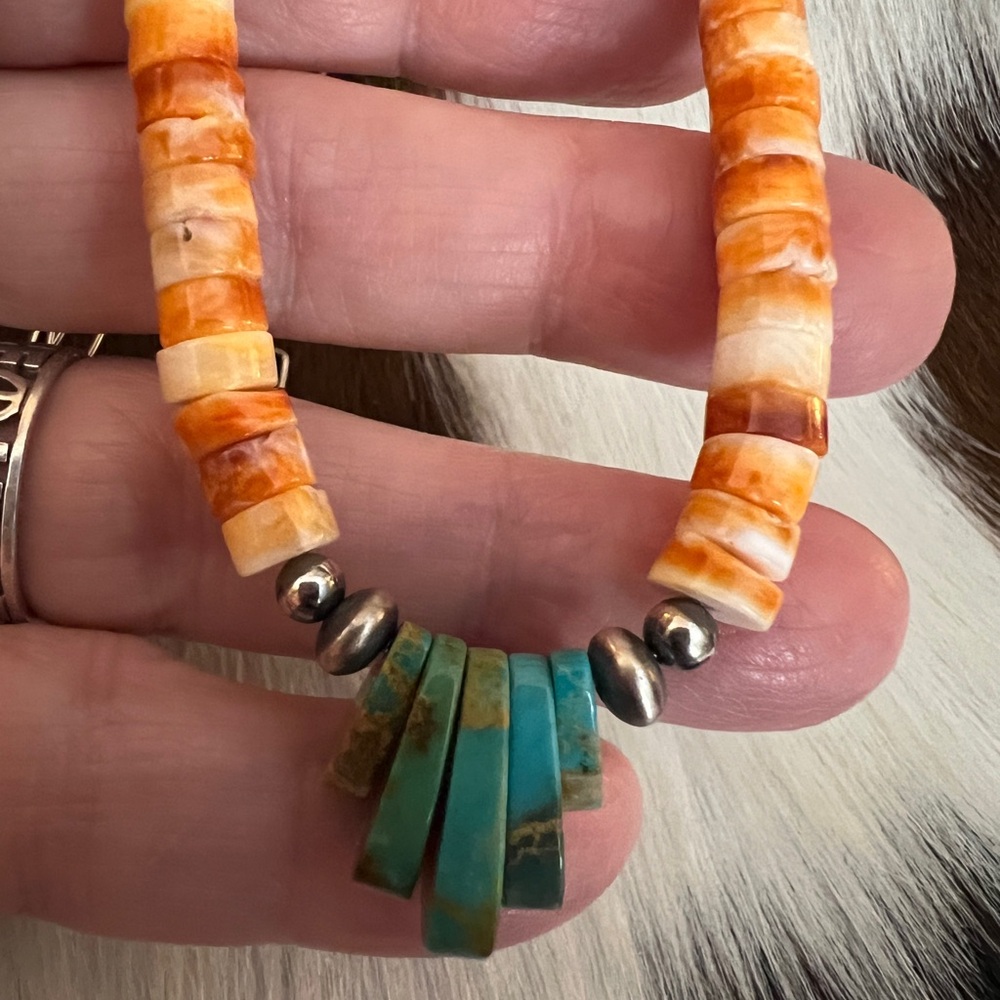 ❤️ Spiny Oyster Heishi Beads & 925 Desert Pearl Navajo Style Jacla Necklace 18” - Picture 12 of 14